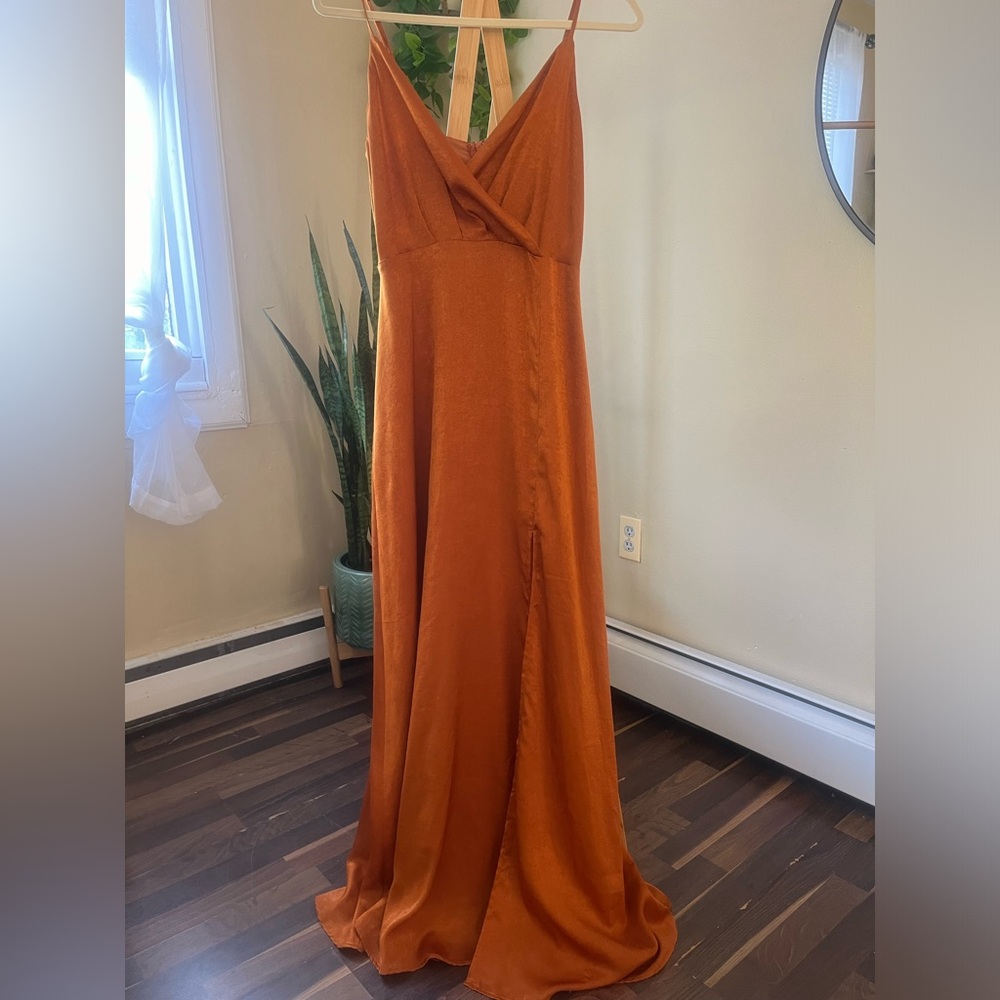 Lulu's Constantine Satin V-Neck Slip Dress in Rust Orange